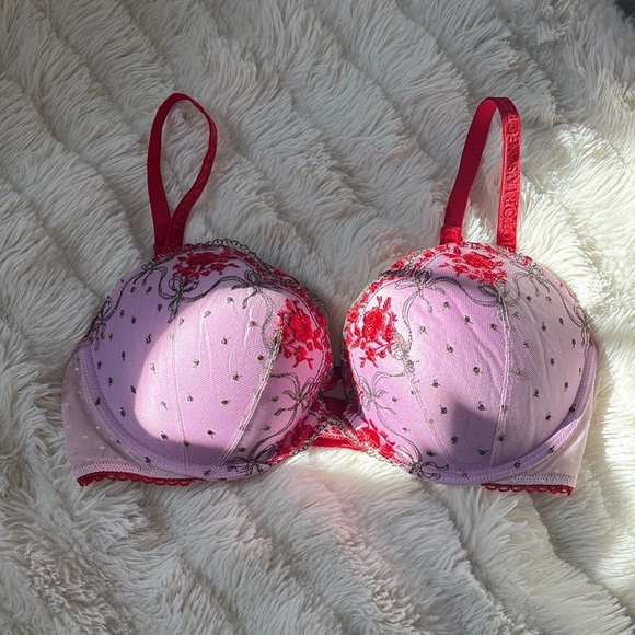 Victoria’s Secret 34D Push Up Bra Pink Red Floral Embroidered Lace Sexy Lingerie - Picture 1 of 8